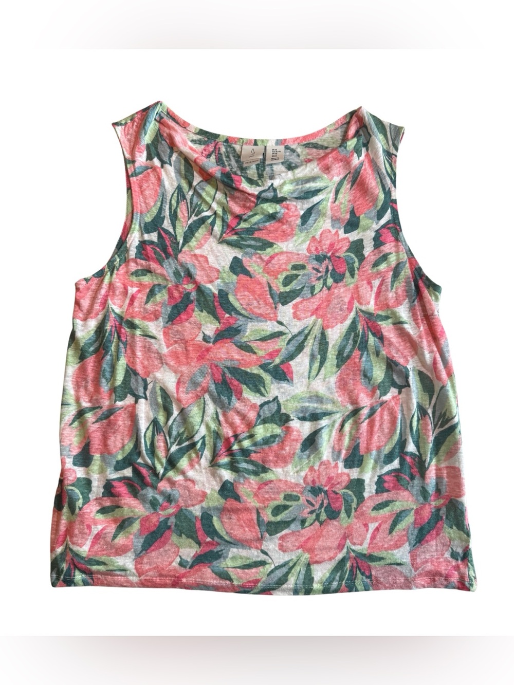 Joie 100% Linen Tropical Floral Tank Top Sleeveless‎ Shirt Pink Green XL